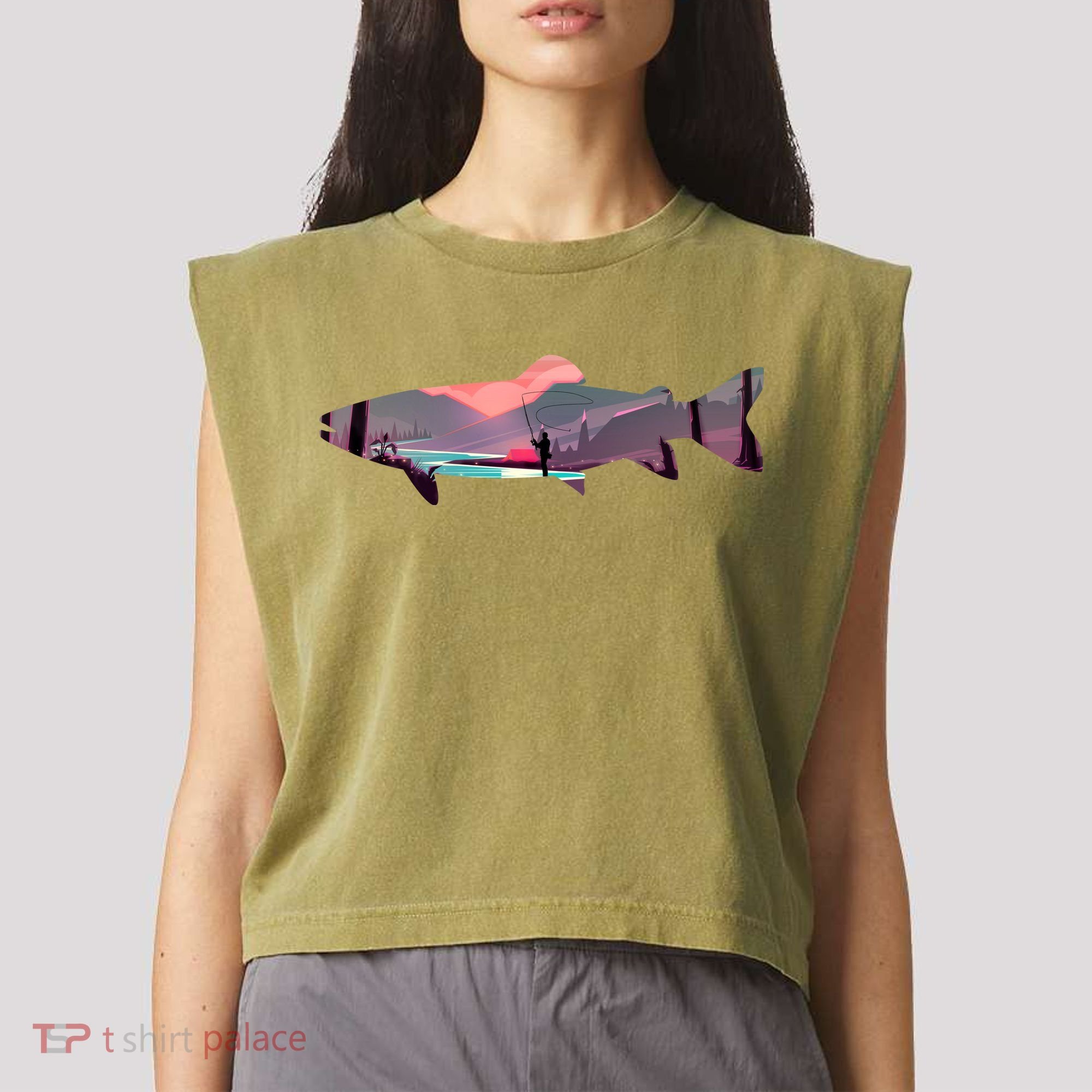 Trout Silhouette Fly Fishing Mountain Sunset River Stream Garment-Dyed Women's Muscle Tee
