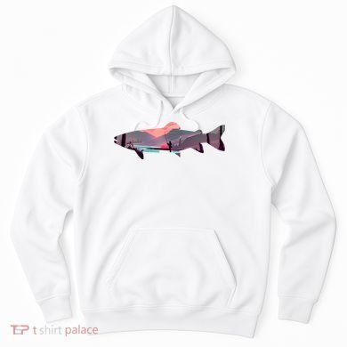 Trout Silhouette Fly Fishing Mountain Sunset River Stream Hoodie