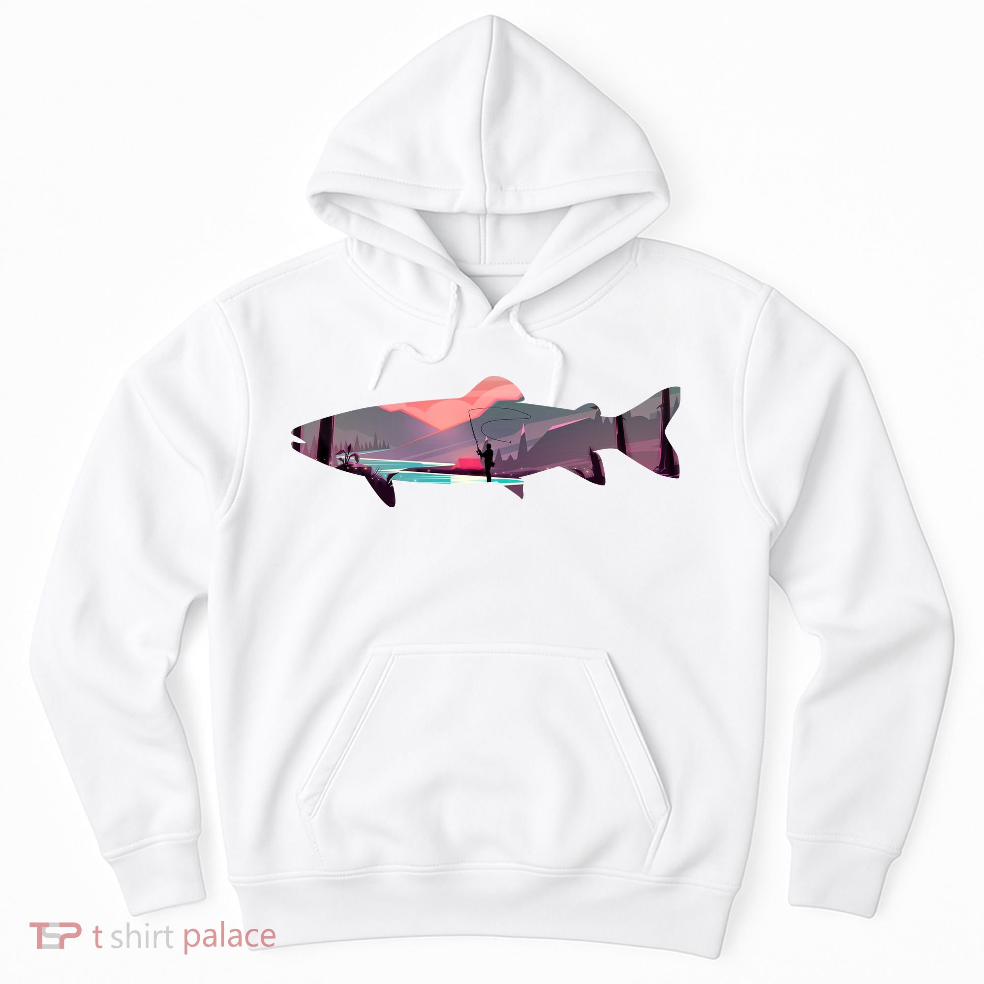 Trout Silhouette Fly Fishing Mountain Sunset River Stream Hoodie