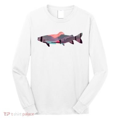 Trout Silhouette Fly Fishing Mountain Sunset River Stream Long Sleeve Shirt