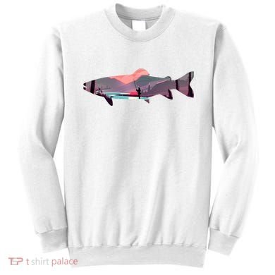 Trout Silhouette Fly Fishing Mountain Sunset River Stream Sweatshirt