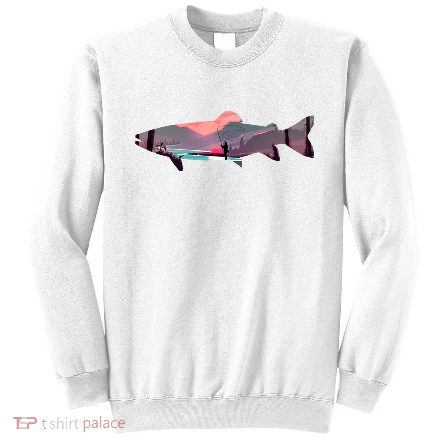 Trout Silhouette Fly Fishing Mountain Sunset River Stream Sweatshirt