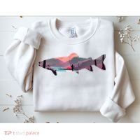Trout Silhouette Fly Fishing Mountain Sunset River Stream Sweatshirt thumb 2