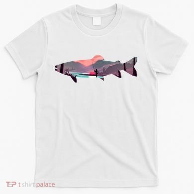 Trout Silhouette Fly Fishing Mountain Sunset River Stream T-Shirt