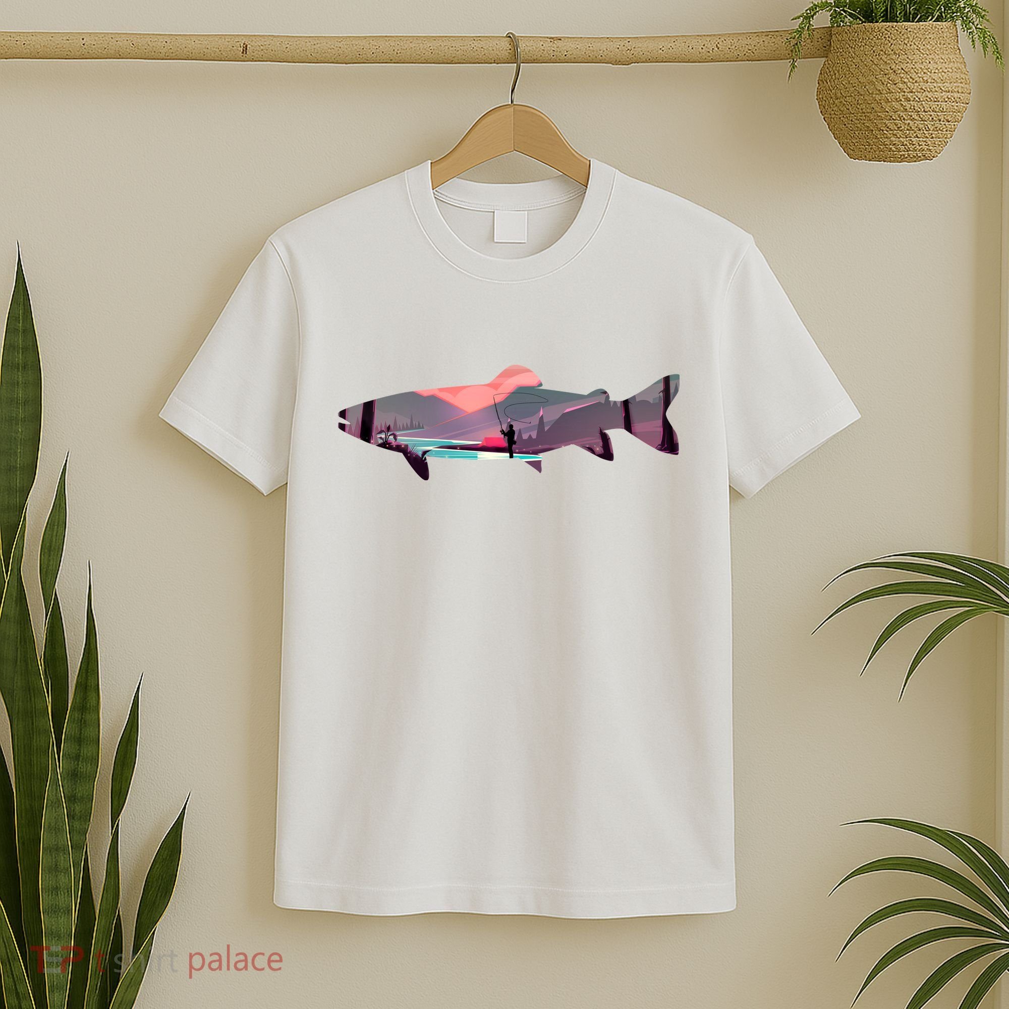 Trout Silhouette Fly Fishing Mountain Sunset River Stream T-Shirt