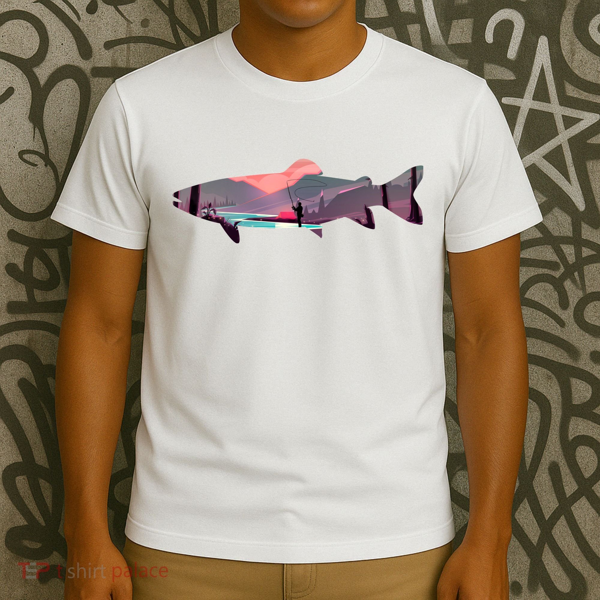 Trout Silhouette Fly Fishing Mountain Sunset River Stream T-Shirt