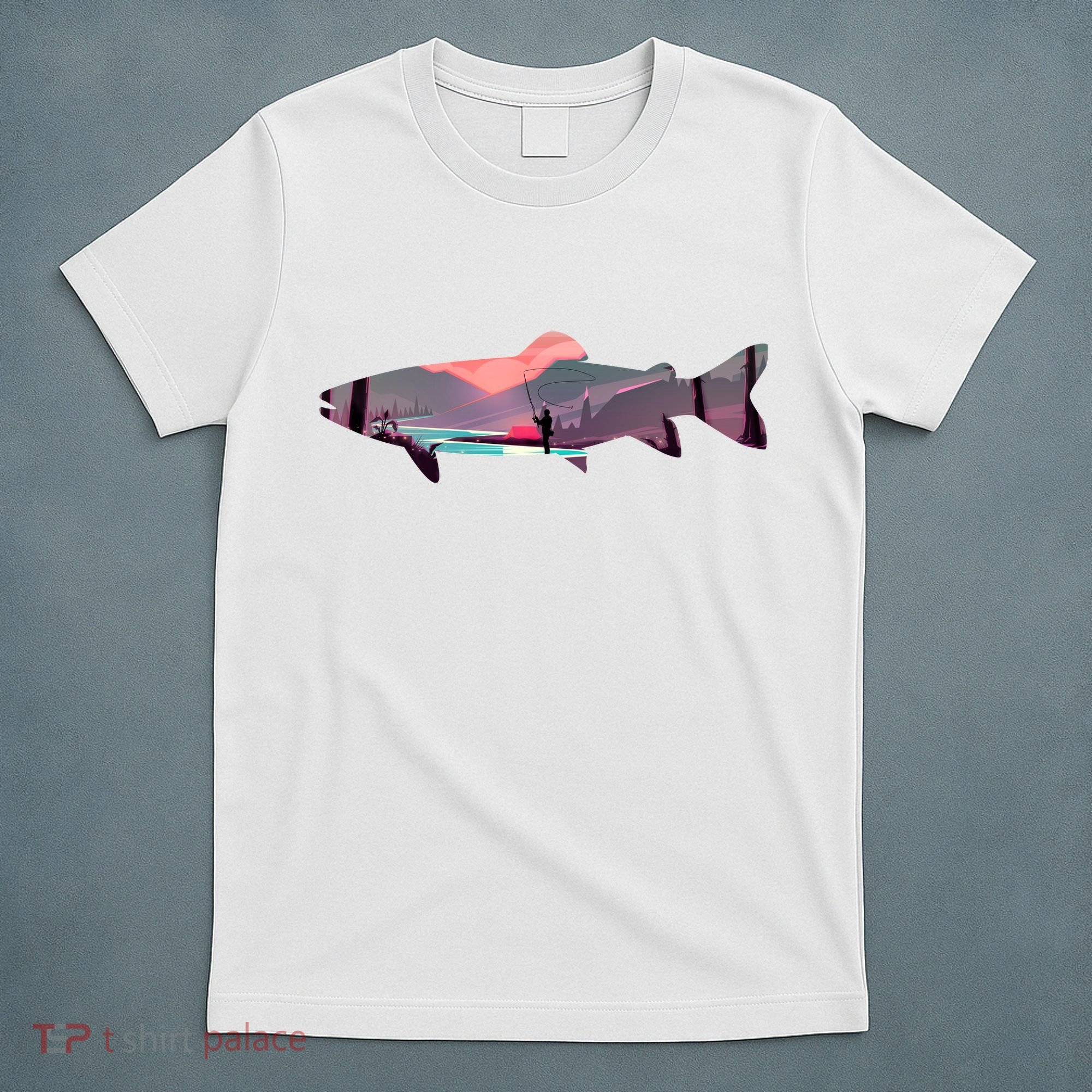 Trout Silhouette Fly Fishing Mountain Sunset River Stream T-Shirt