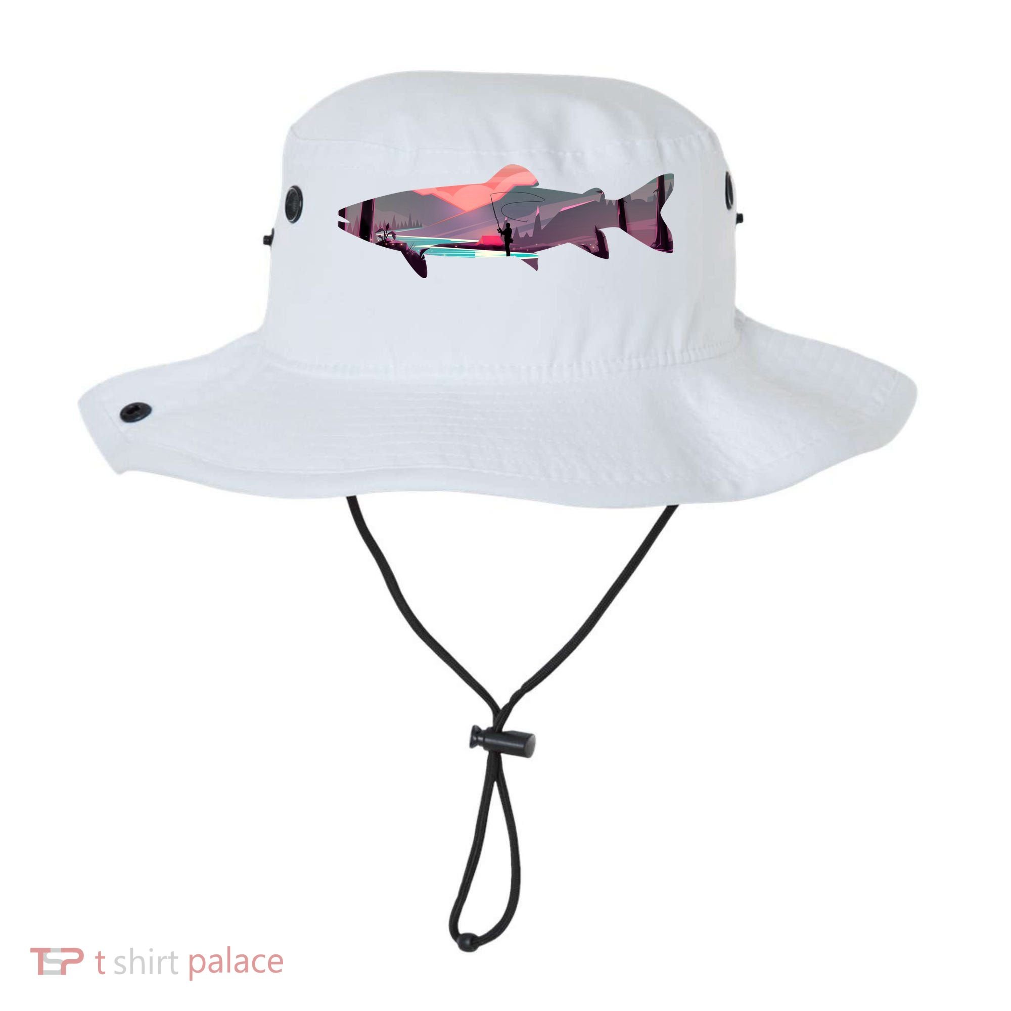 Trout Silhouette Fly Fishing Mountain Sunset River Stream Bucket Hat