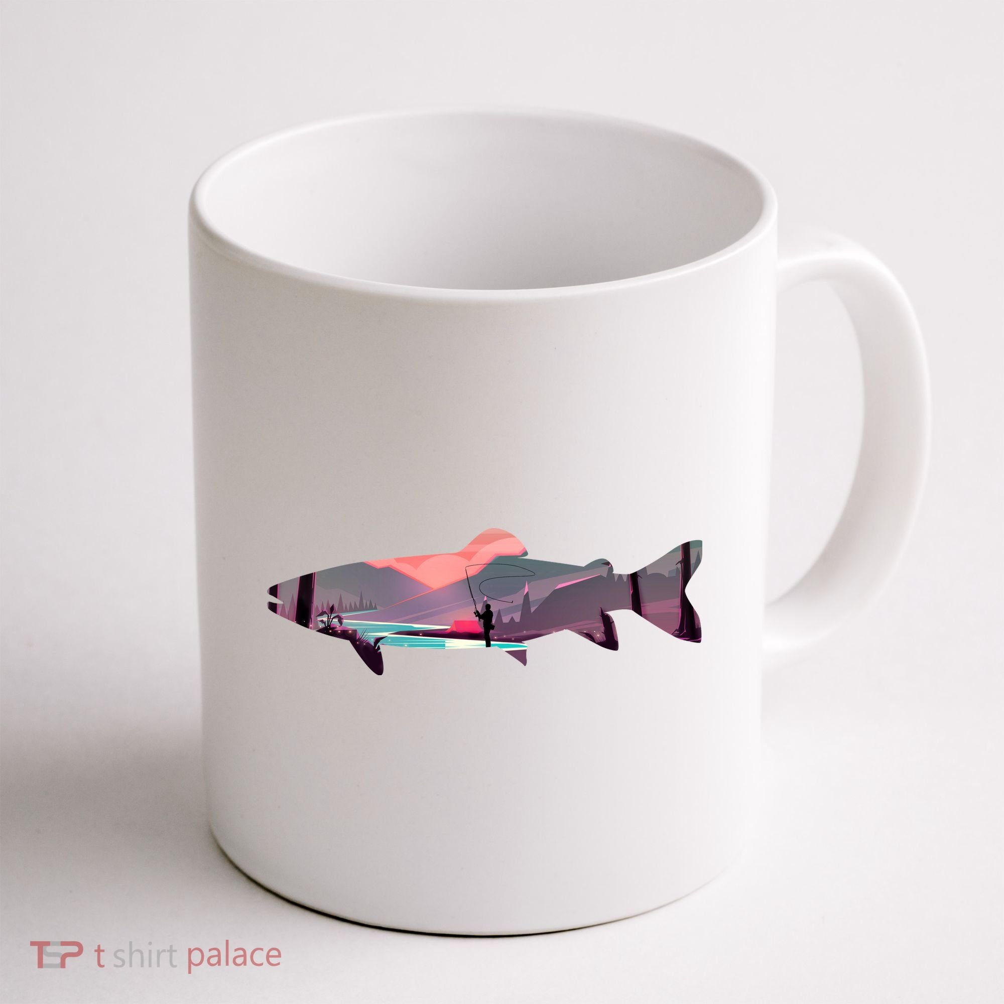 Trout Silhouette Fly Fishing Mountain Sunset River Stream Coffee Mug