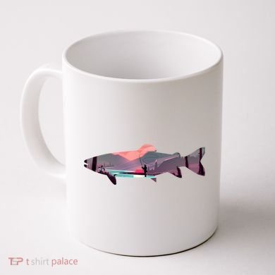 Trout Silhouette Fly Fishing Mountain Sunset River Stream Coffee Mug