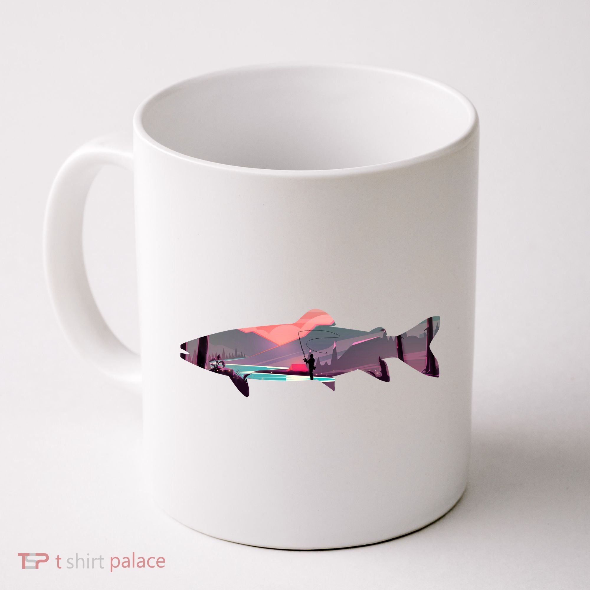 Trout Silhouette Fly Fishing Mountain Sunset River Stream Coffee Mug