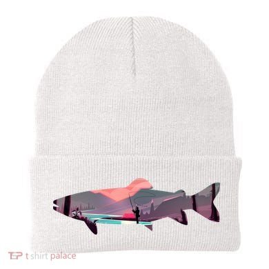 Trout Silhouette Fly Fishing Mountain Sunset River Stream Beanie