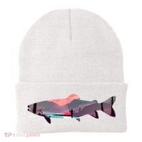 Trout Silhouette Fly Fishing Mountain Sunset River Stream Beanie thumb 0