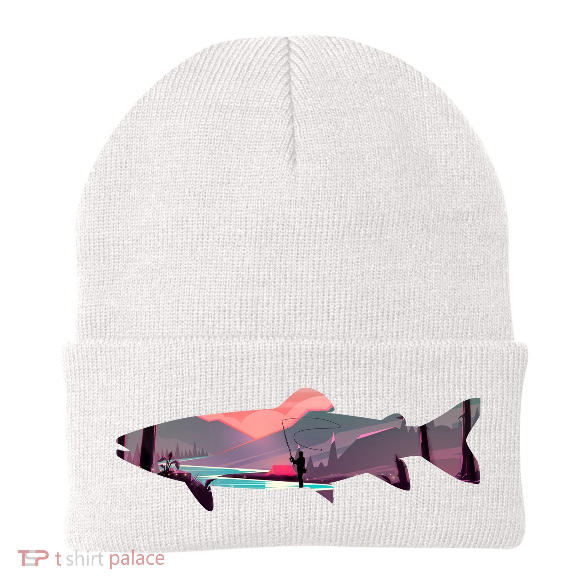 Trout Silhouette Fly Fishing Mountain Sunset River Stream Beanie
