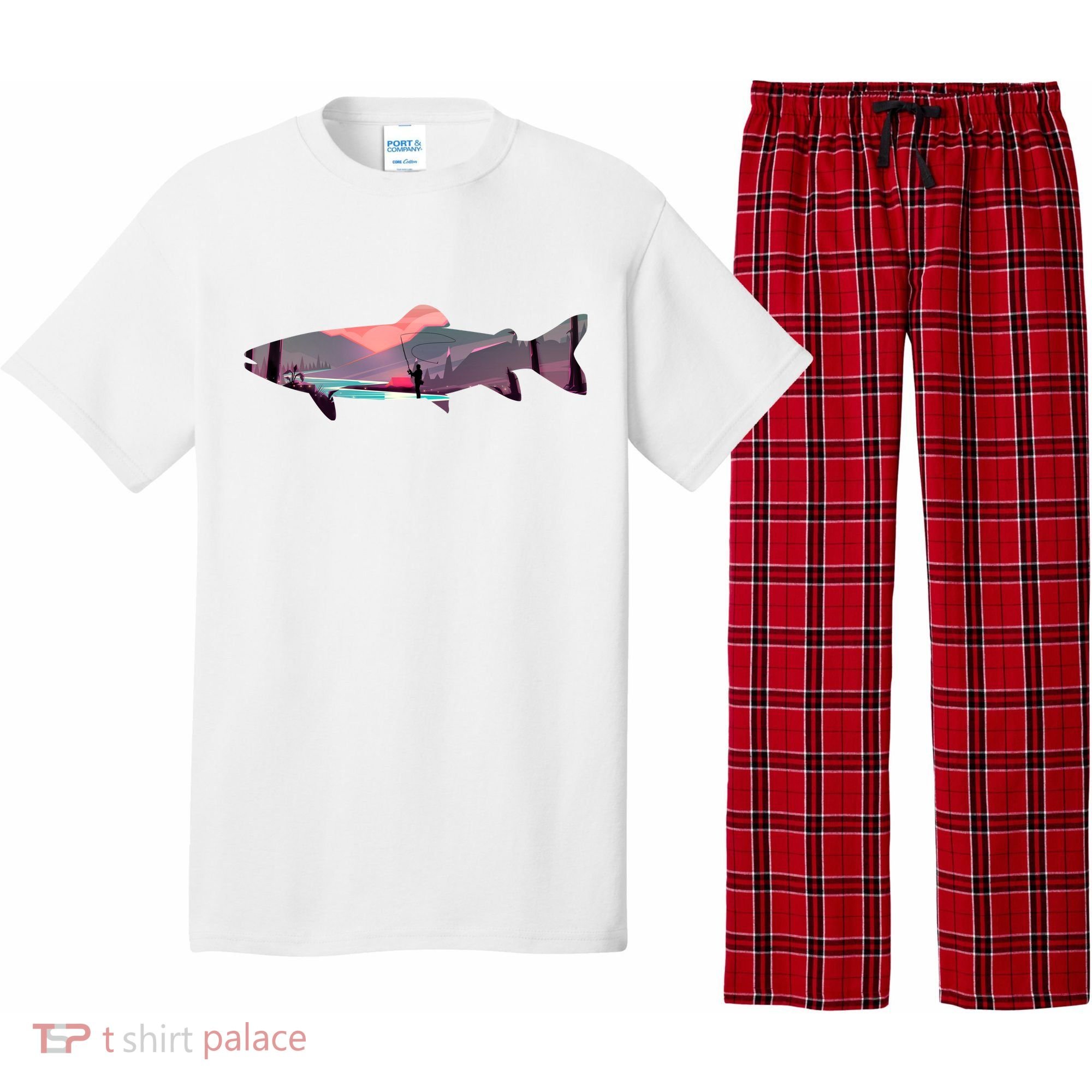 Trout Silhouette Fly Fishing Mountain Sunset River Stream Pajama Set