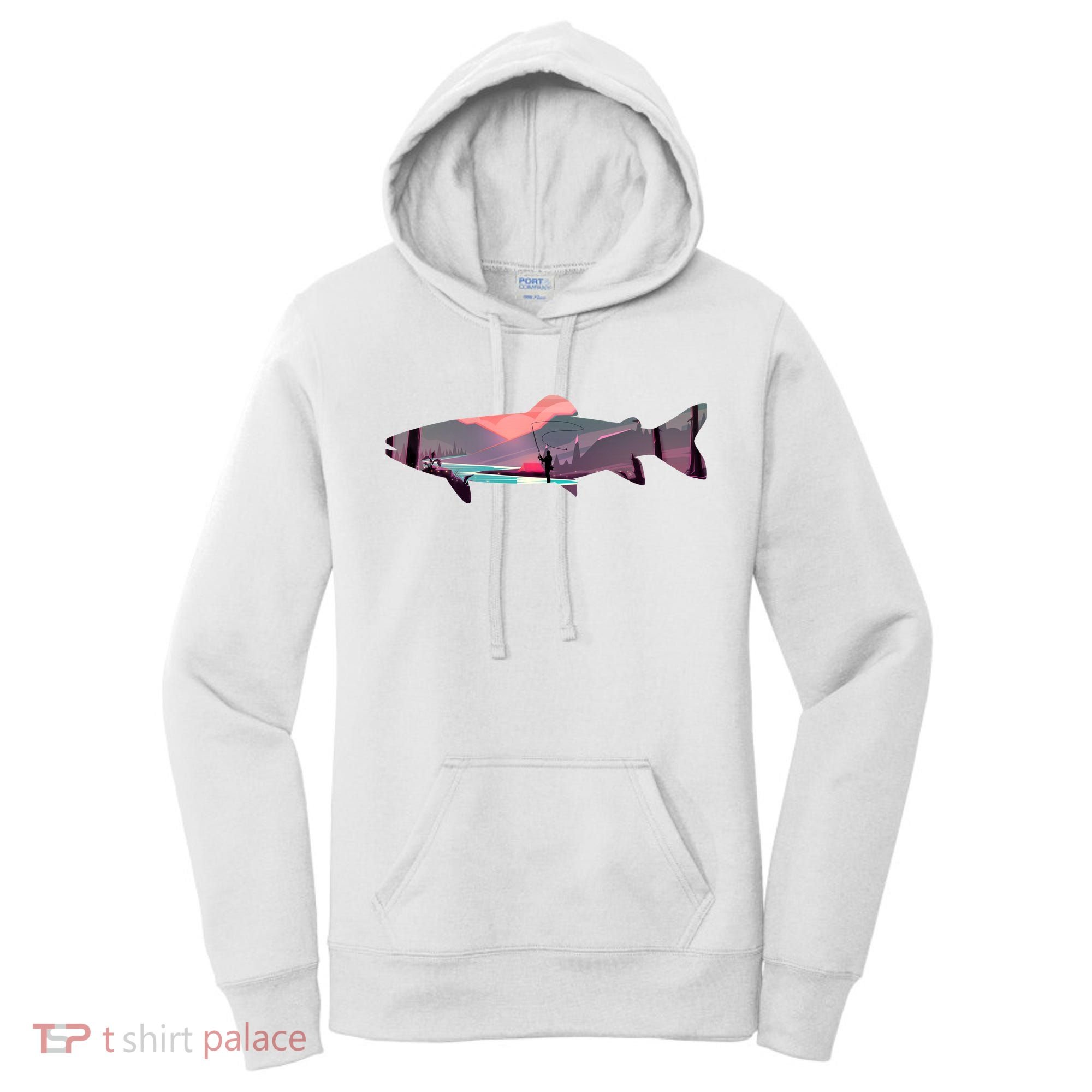 Trout Silhouette Fly Fishing Mountain Sunset River Stream Women's Hoodie