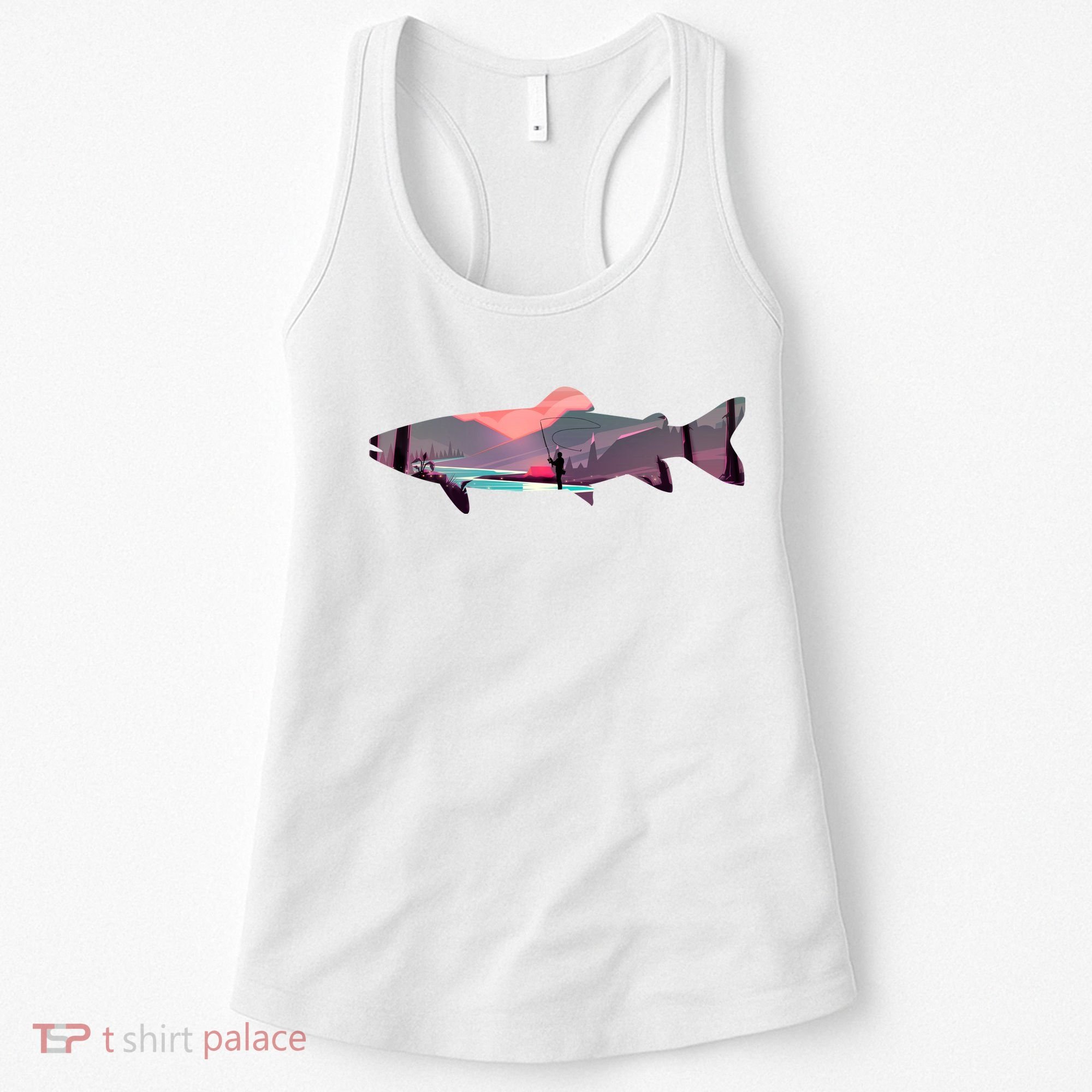 Trout Silhouette Fly Fishing Mountain Sunset River Stream Women's Tank Top