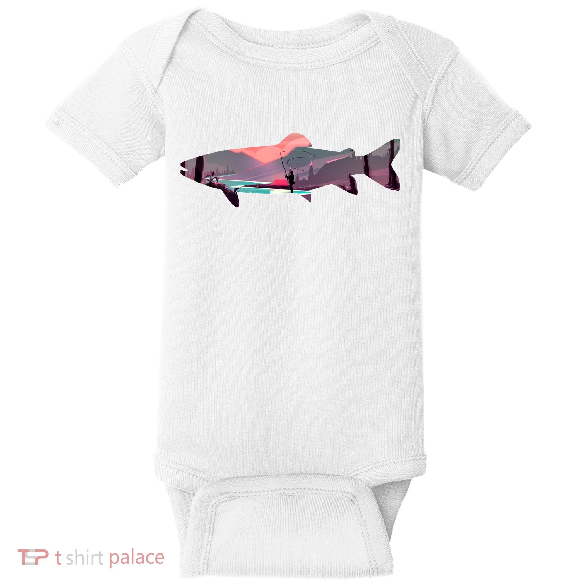 Trout Silhouette Fly Fishing Mountain Sunset River Stream Baby Bodysuit