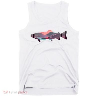 Trout Silhouette Fly Fishing Mountain Sunset River Stream Tank Top