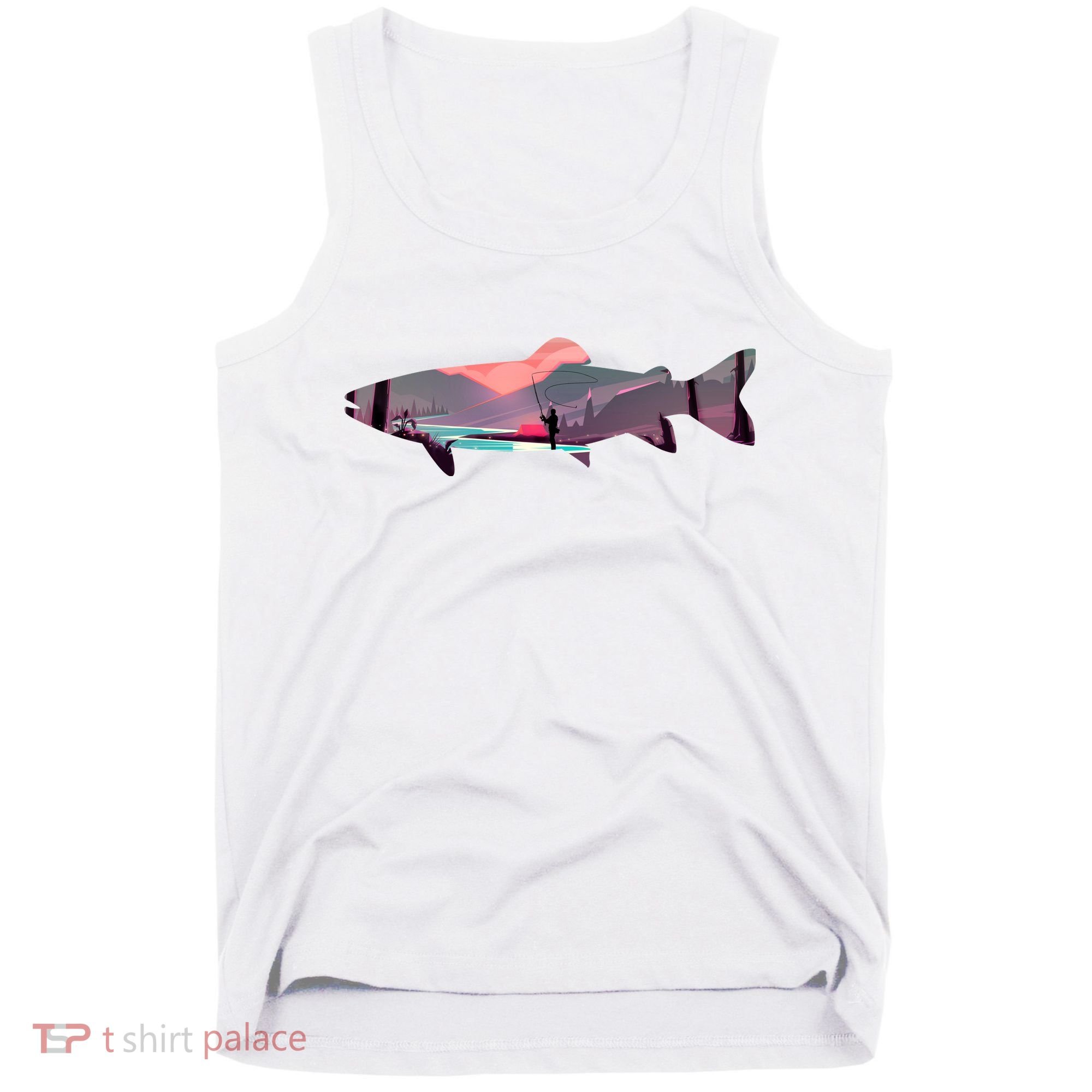 Trout Silhouette Fly Fishing Mountain Sunset River Stream Tank Top
