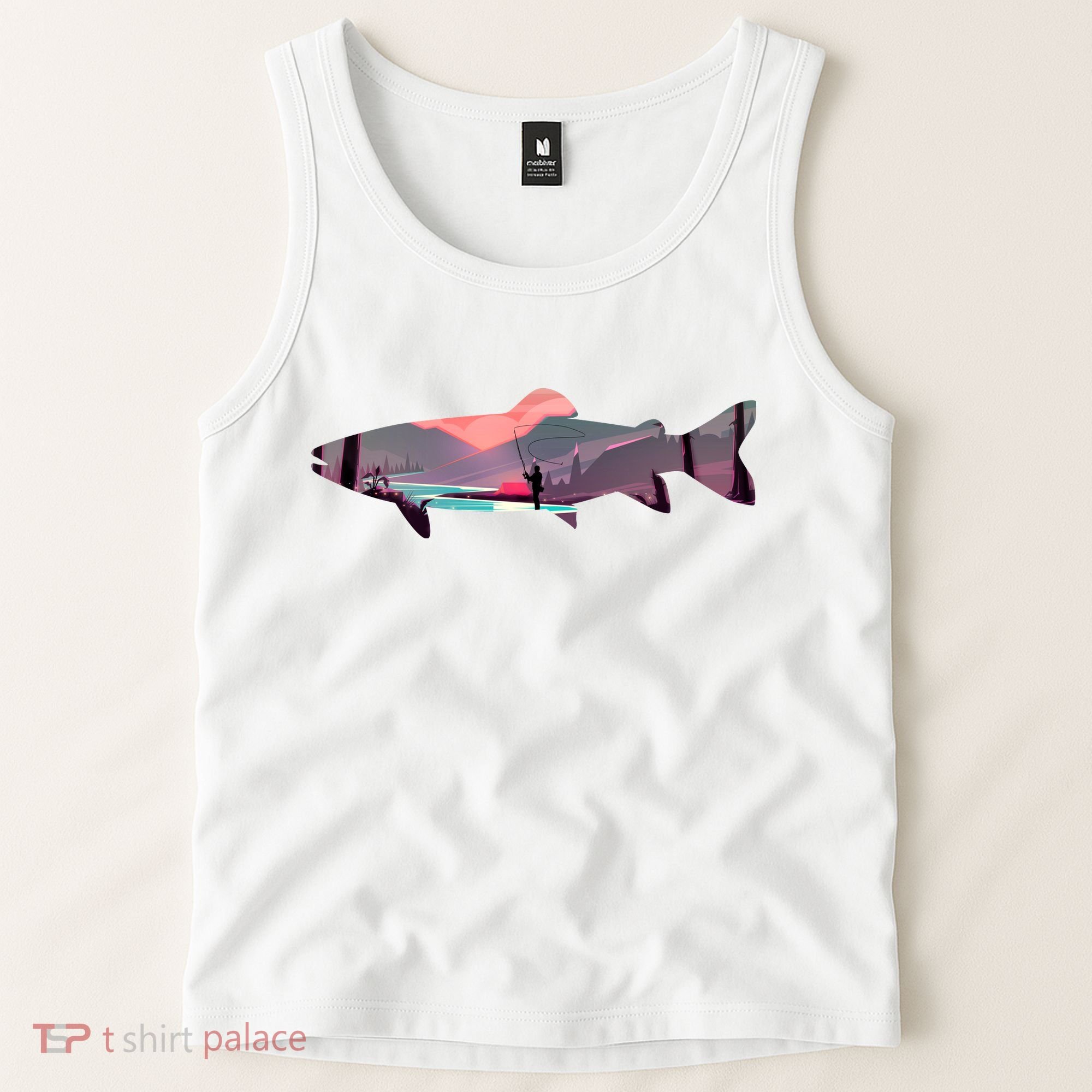 Trout Silhouette Fly Fishing Mountain Sunset River Stream Tank Top
