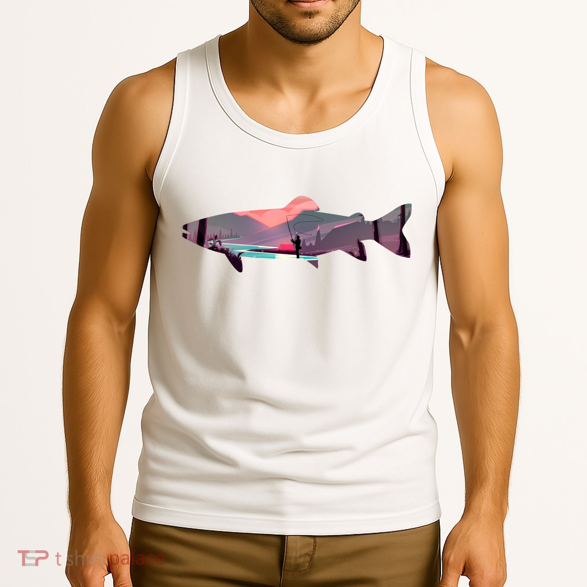Trout Silhouette Fly Fishing Mountain Sunset River Stream Tank Top