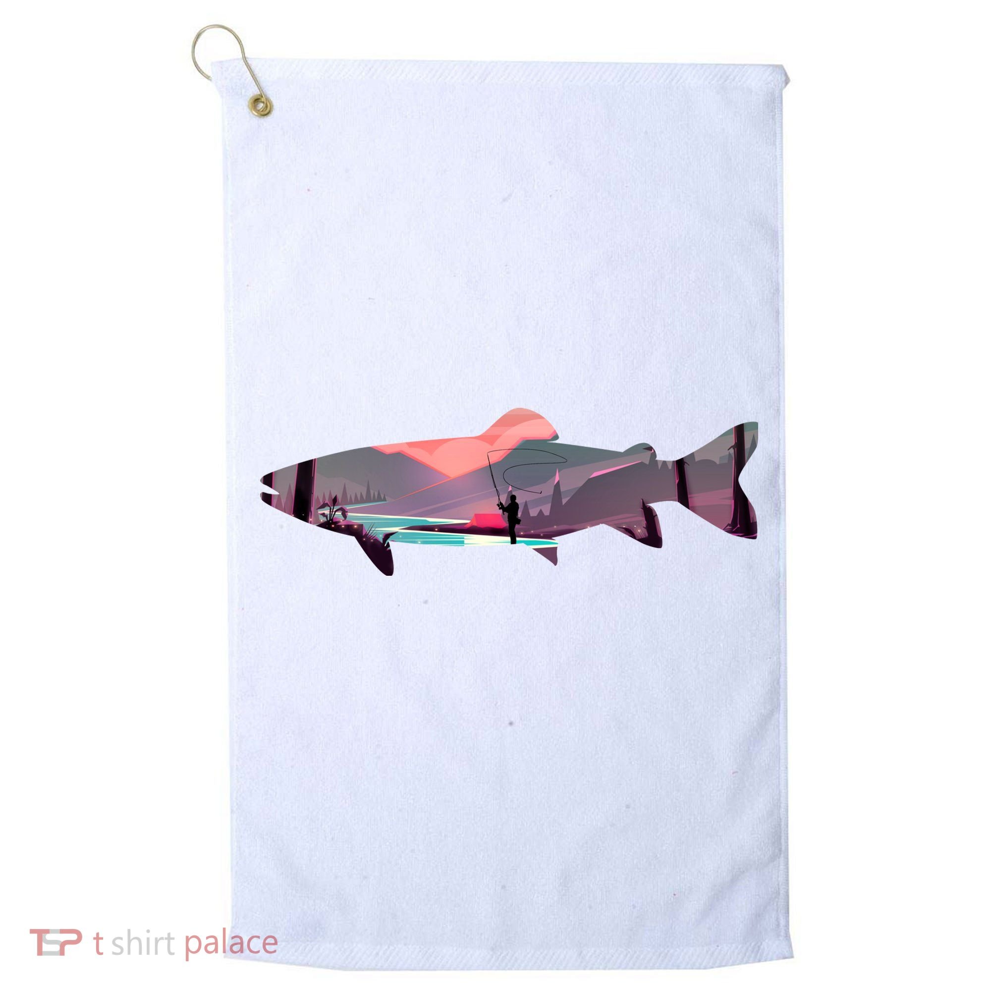 Trout Silhouette Fly Fishing Mountain Sunset River Stream Golf Towel