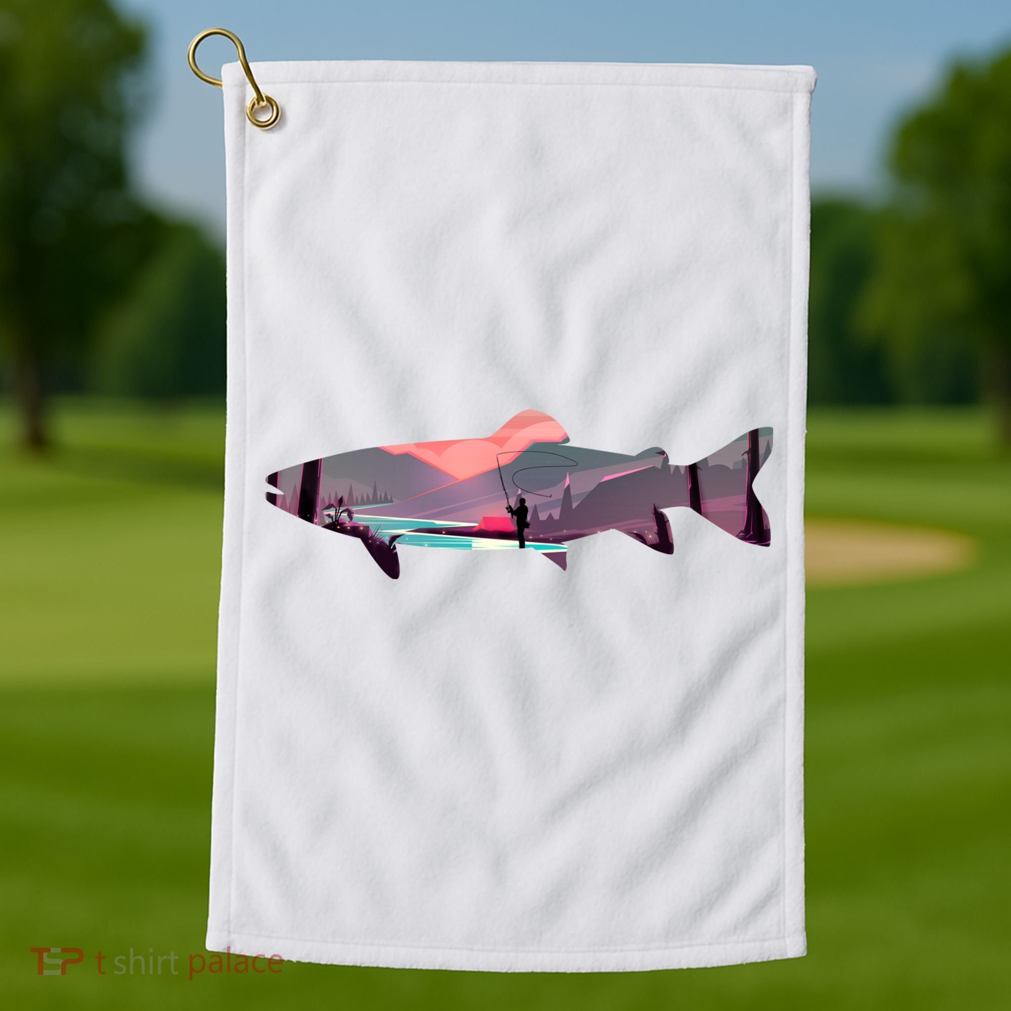 Trout Silhouette Fly Fishing Mountain Sunset River Stream Golf Towel