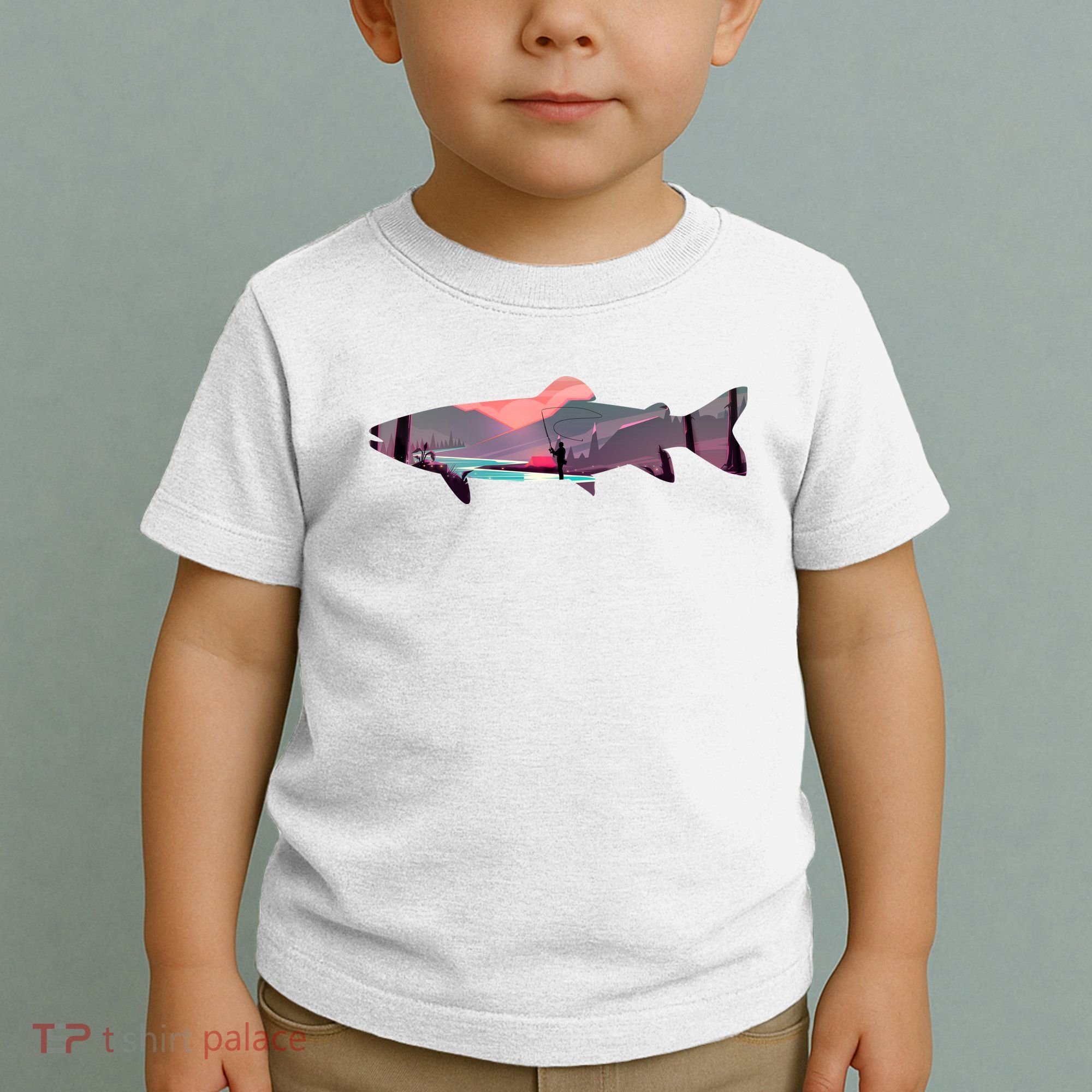 Trout Silhouette Fly Fishing Mountain Sunset River Stream Toddler T-Shirt