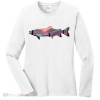 Trout Silhouette Fly Fishing Mountain Sunset River Stream Women's Long Sleeve Shirt thumb 0