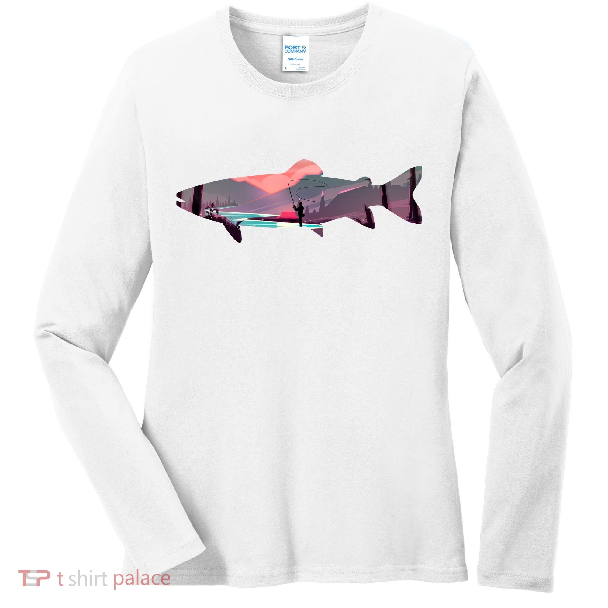 Trout Silhouette Fly Fishing Mountain Sunset River Stream Women's Long Sleeve Shirt