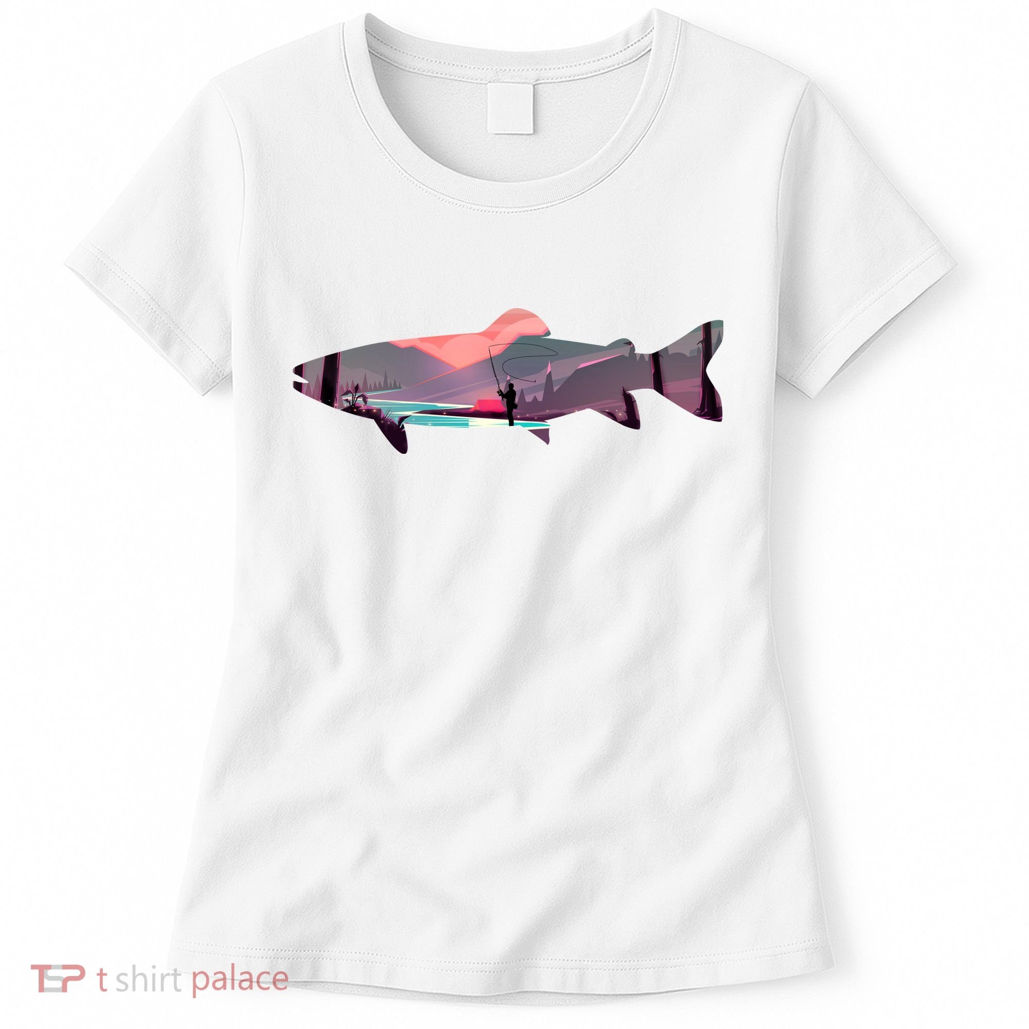 Trout Silhouette Fly Fishing Mountain Sunset River Stream Women's T-Shirt