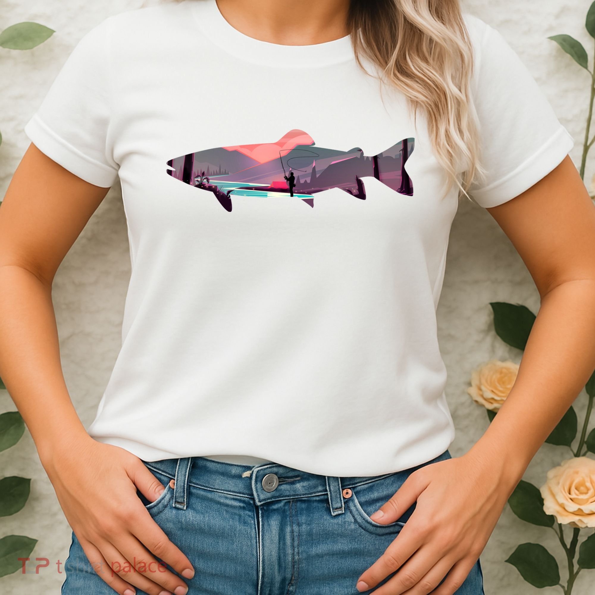 Trout Silhouette Fly Fishing Mountain Sunset River Stream Women's T-Shirt