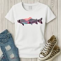 Trout Silhouette Fly Fishing Mountain Sunset River Stream Women's T-Shirt thumb 3