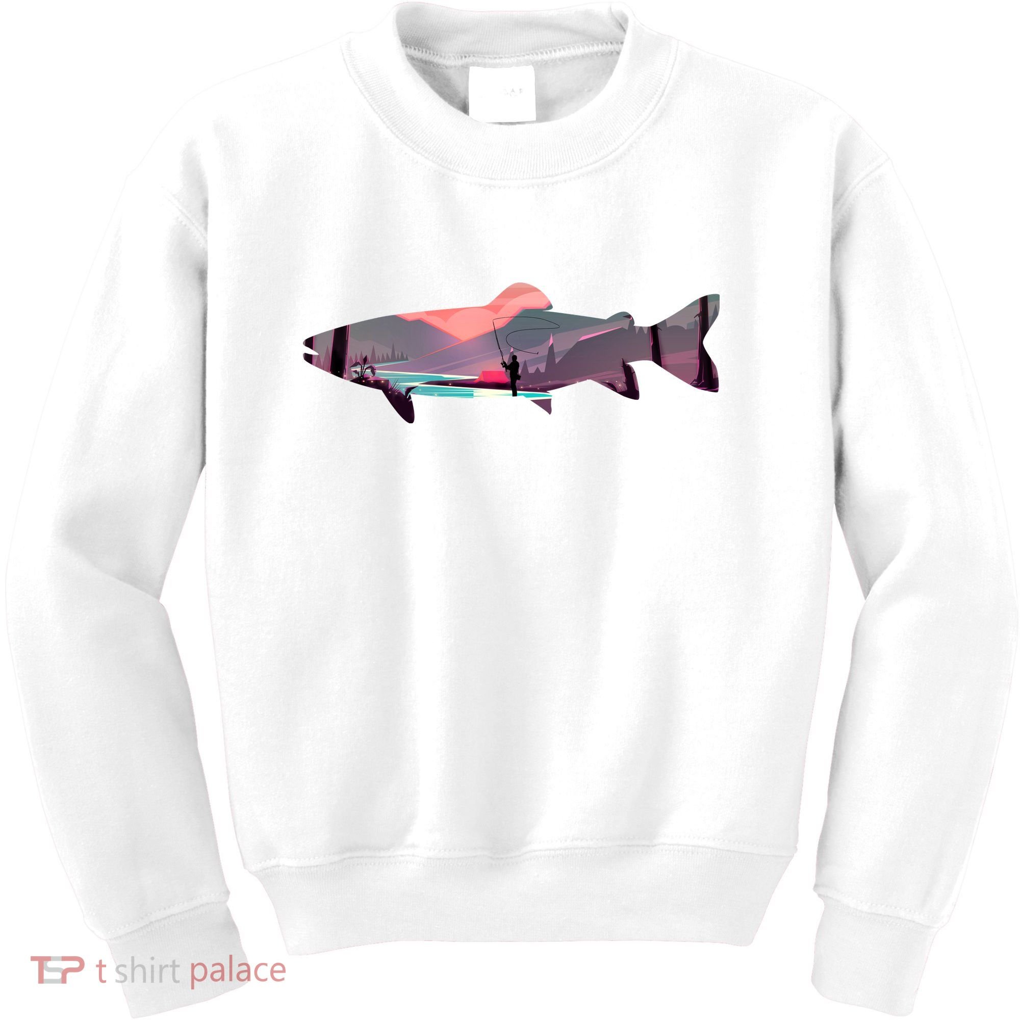 Trout Silhouette Fly Fishing Mountain Sunset River Stream Kids Sweatshirt