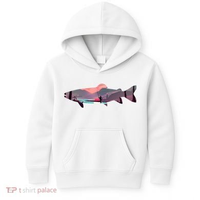 Trout Silhouette Fly Fishing Mountain Sunset River Stream Kids Hoodie