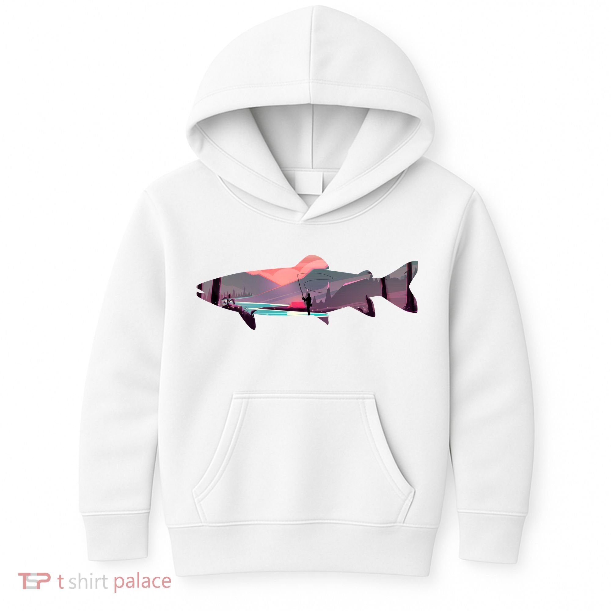 Trout Silhouette Fly Fishing Mountain Sunset River Stream Kids Hoodie