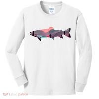Trout Silhouette Fly Fishing Mountain Sunset River Stream Kids Long Sleeve Shirt thumb 0