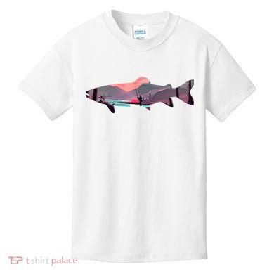 Trout Silhouette Fly Fishing Mountain Sunset River Stream Kids T-Shirt