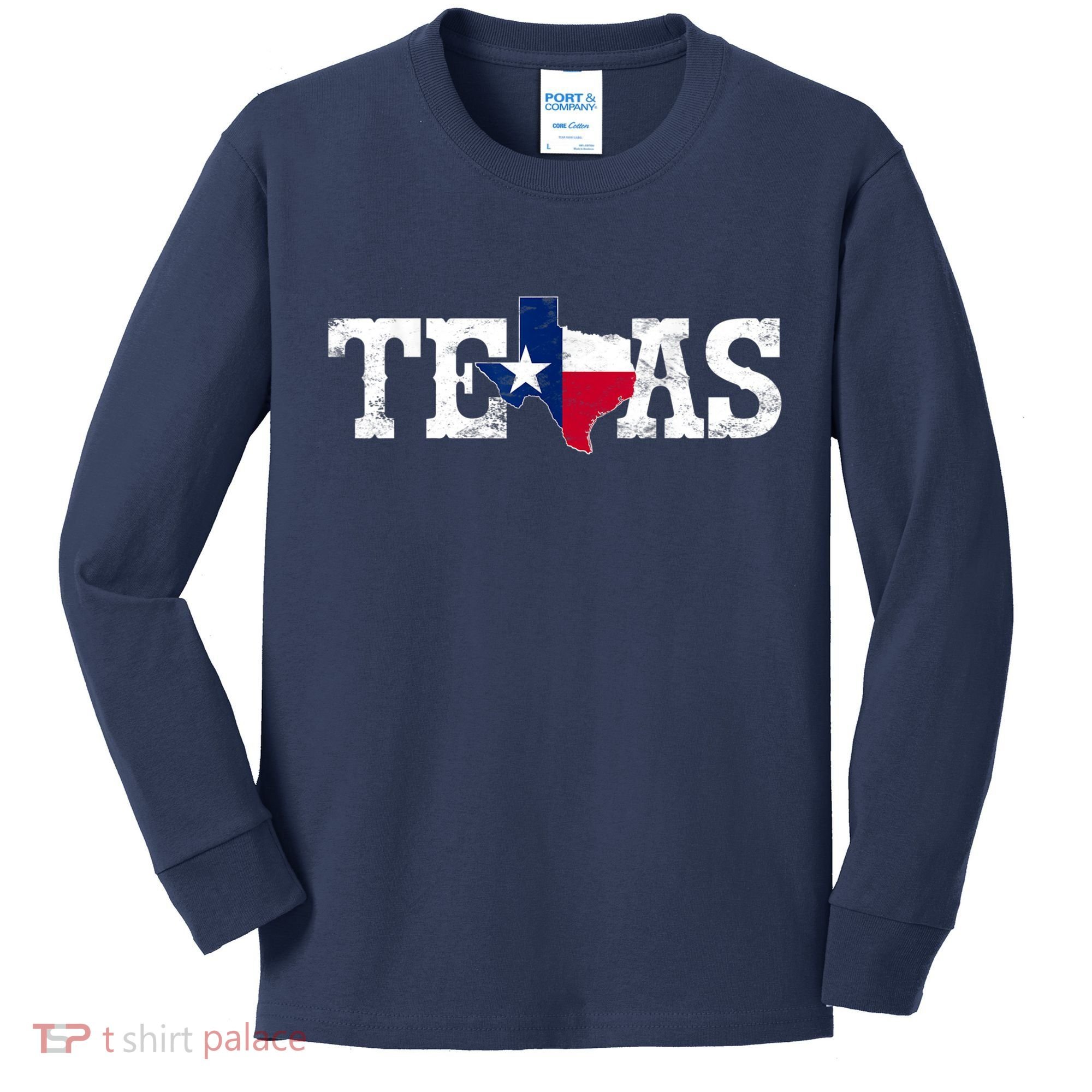 Texas Shaped Flag Grunge Distressed Texas Kids Long Sleeve Shirt