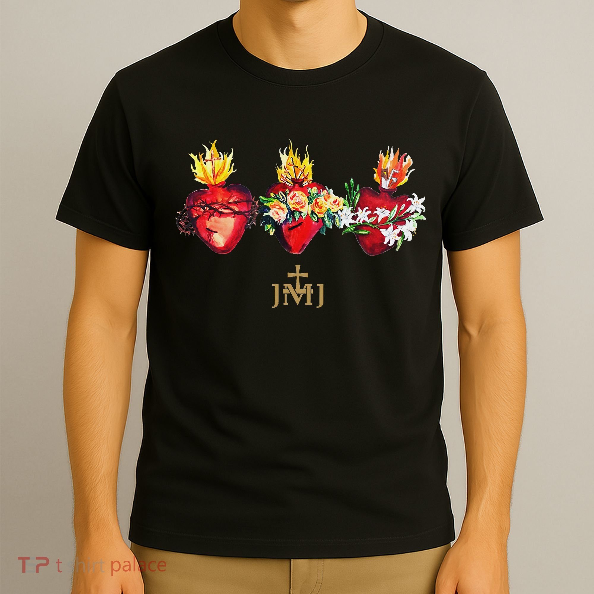 Three Sacred Hearts Of Jesus Mary Joseph Jmj Catholic T-Shirt