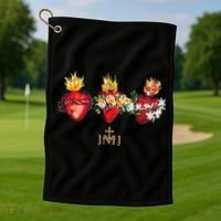 Three Sacred Hearts Of Jesus Mary Joseph Jmj Catholic Golf Towel thumb 1