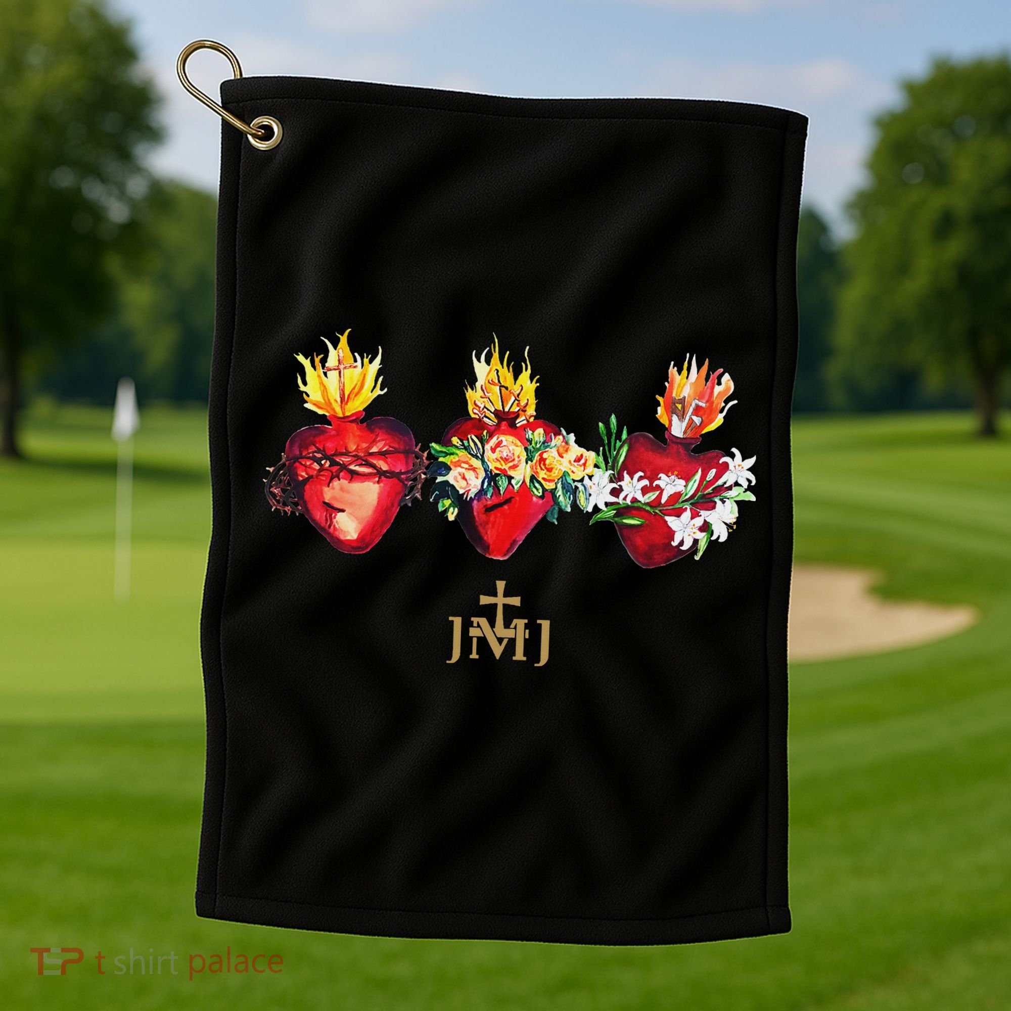 Three Sacred Hearts Of Jesus Mary Joseph Jmj Catholic Golf Towel