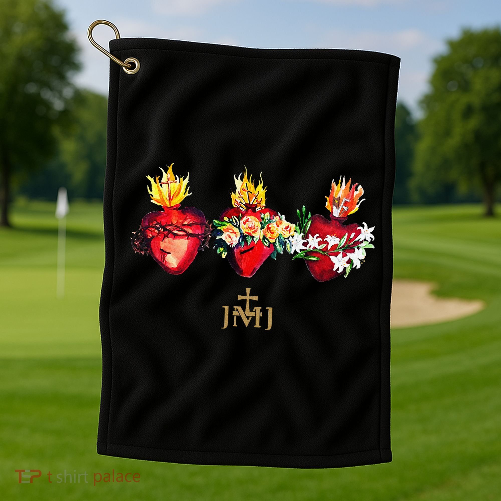 Three Sacred Hearts Of Jesus Mary Joseph Jmj Catholic Golf Towel