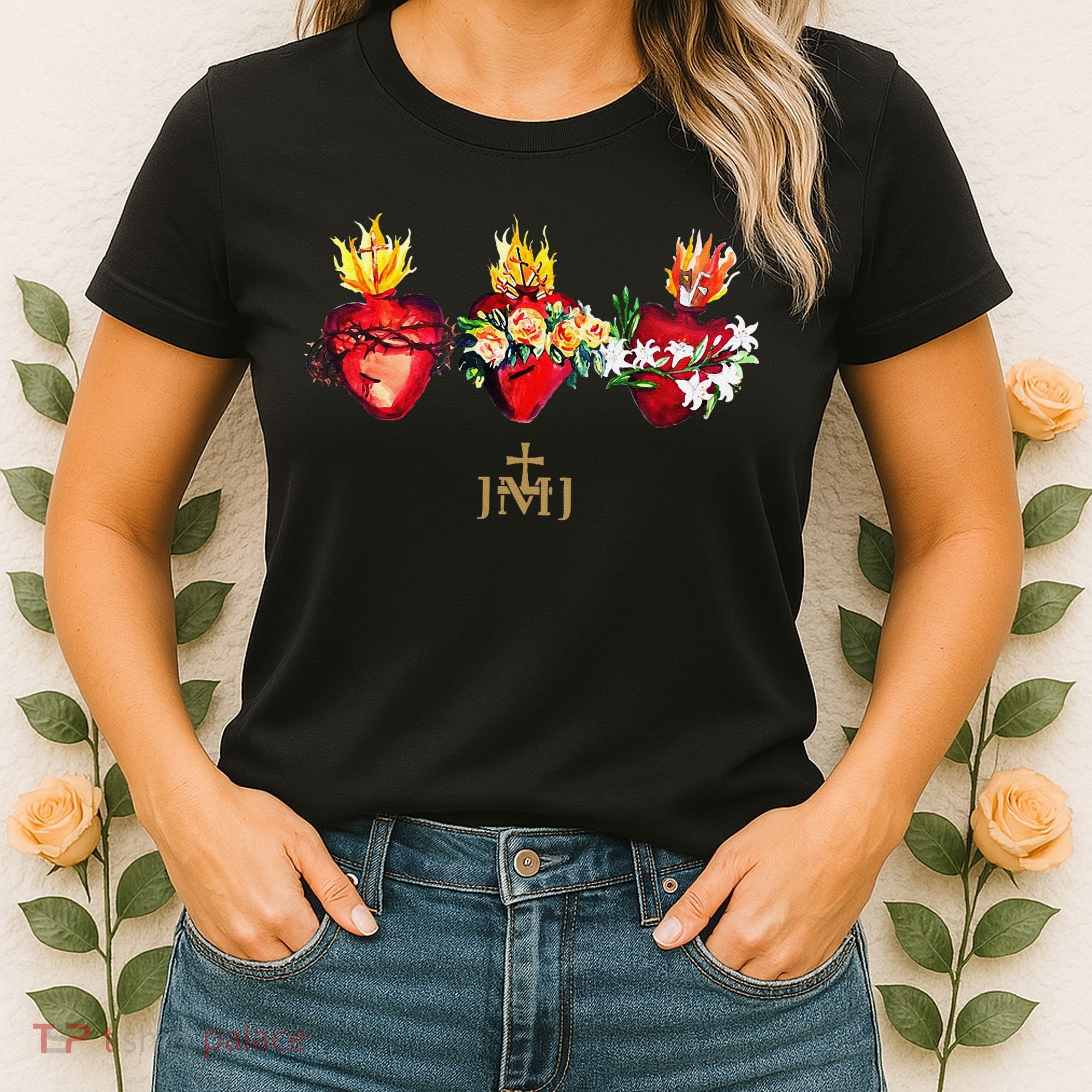 Three Sacred Hearts Of Jesus Mary Joseph Jmj Catholic Women's T-Shirt