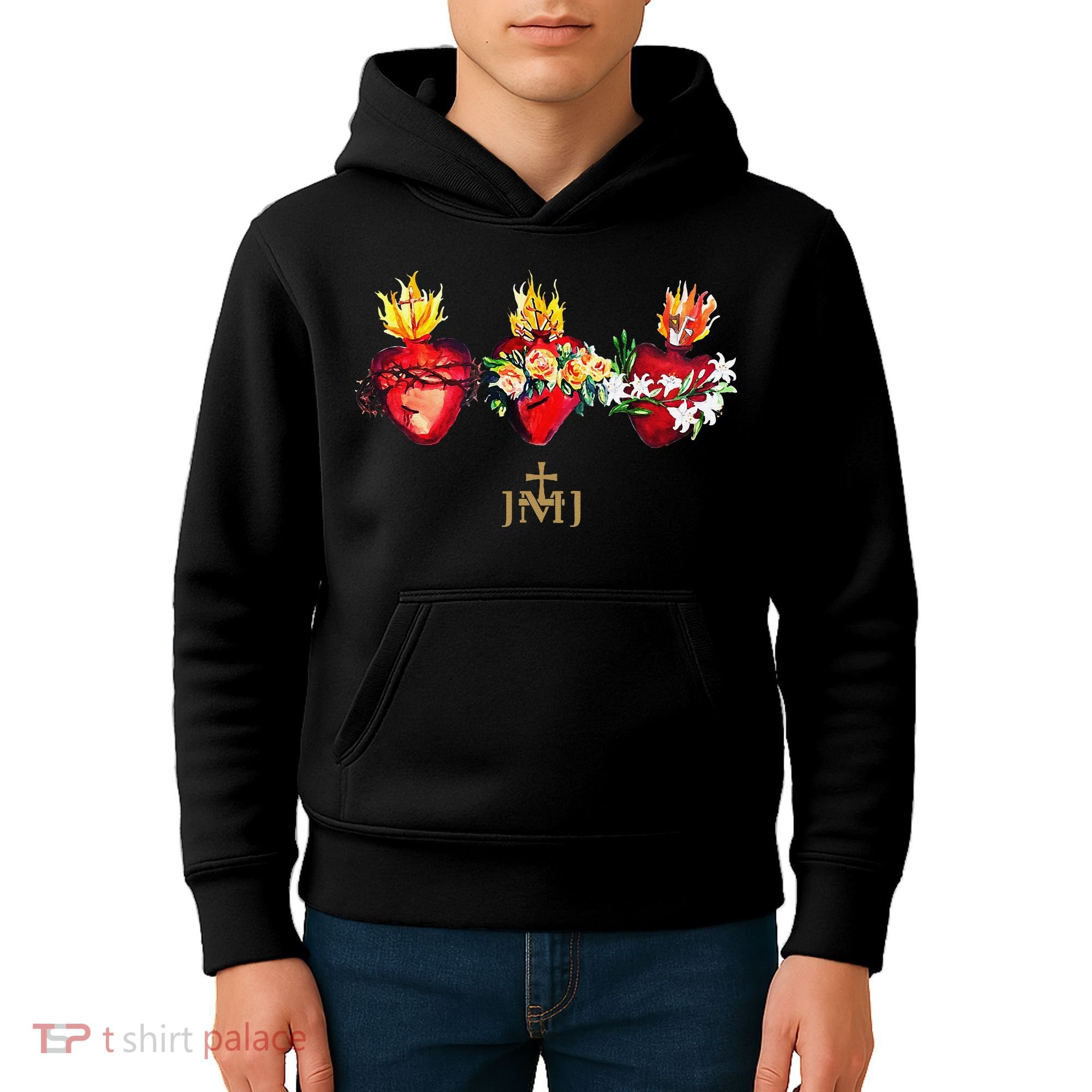 Three Sacred Hearts Of Jesus Mary Joseph Jmj Catholic Kids Hoodie