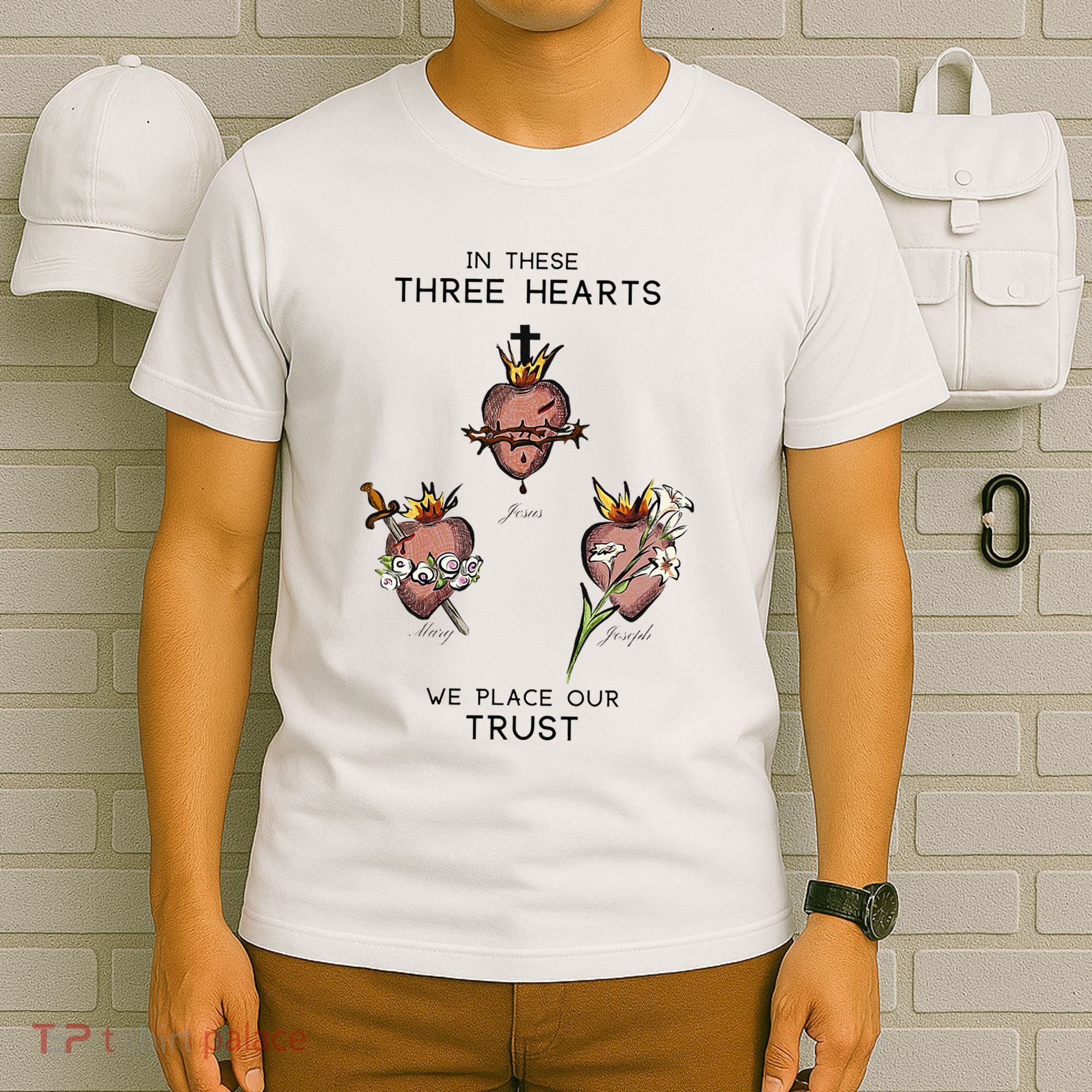Three Sacred Hearts Of Jesus Mary Joseph Jmj Catholic T-Shirt