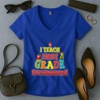 Teacher Superhero I Teach First Grade Superheroes Gift Women's V-Neck T-Shirt thumb 2