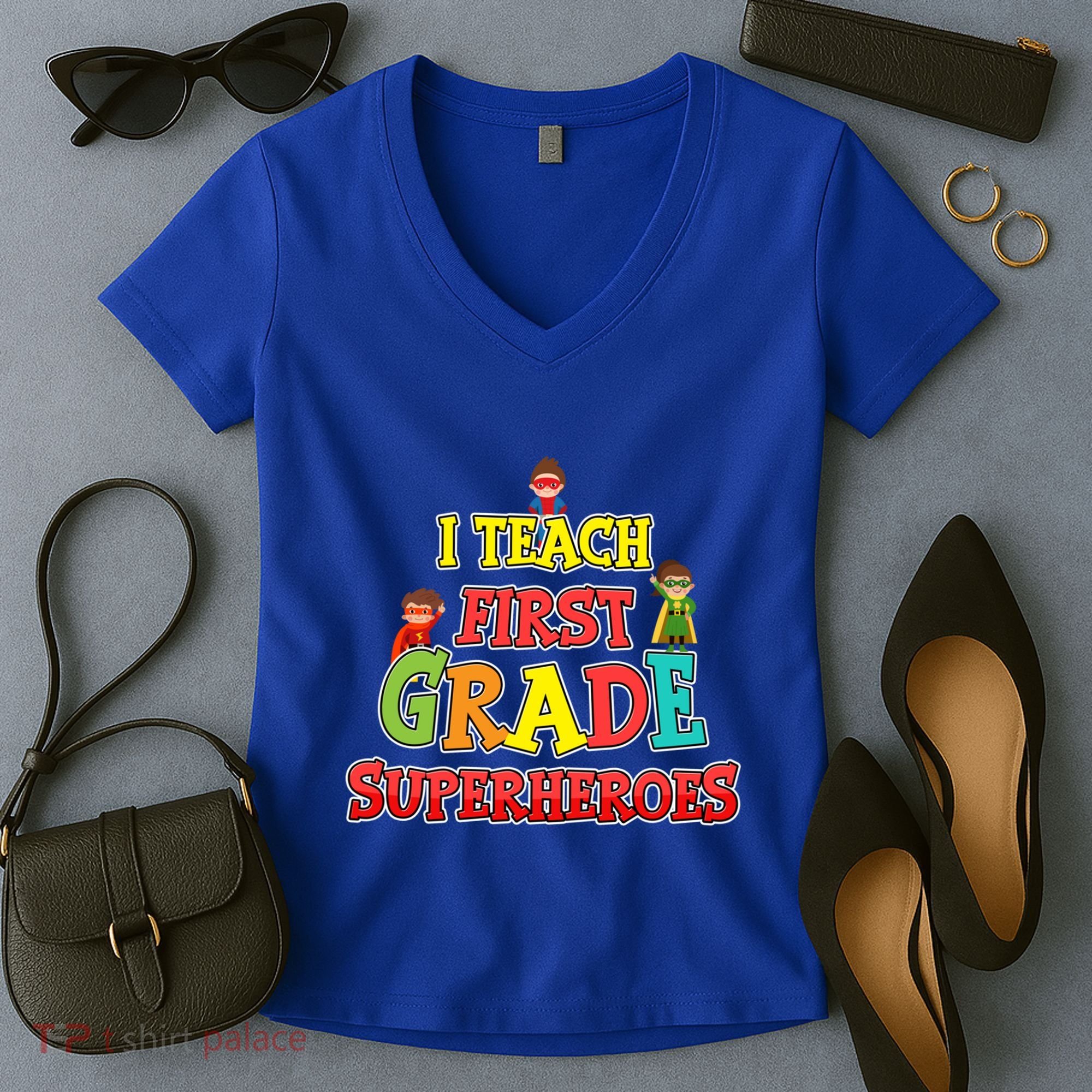 Teacher Superhero I Teach First Grade Superheroes Gift Women's V-Neck T-Shirt
