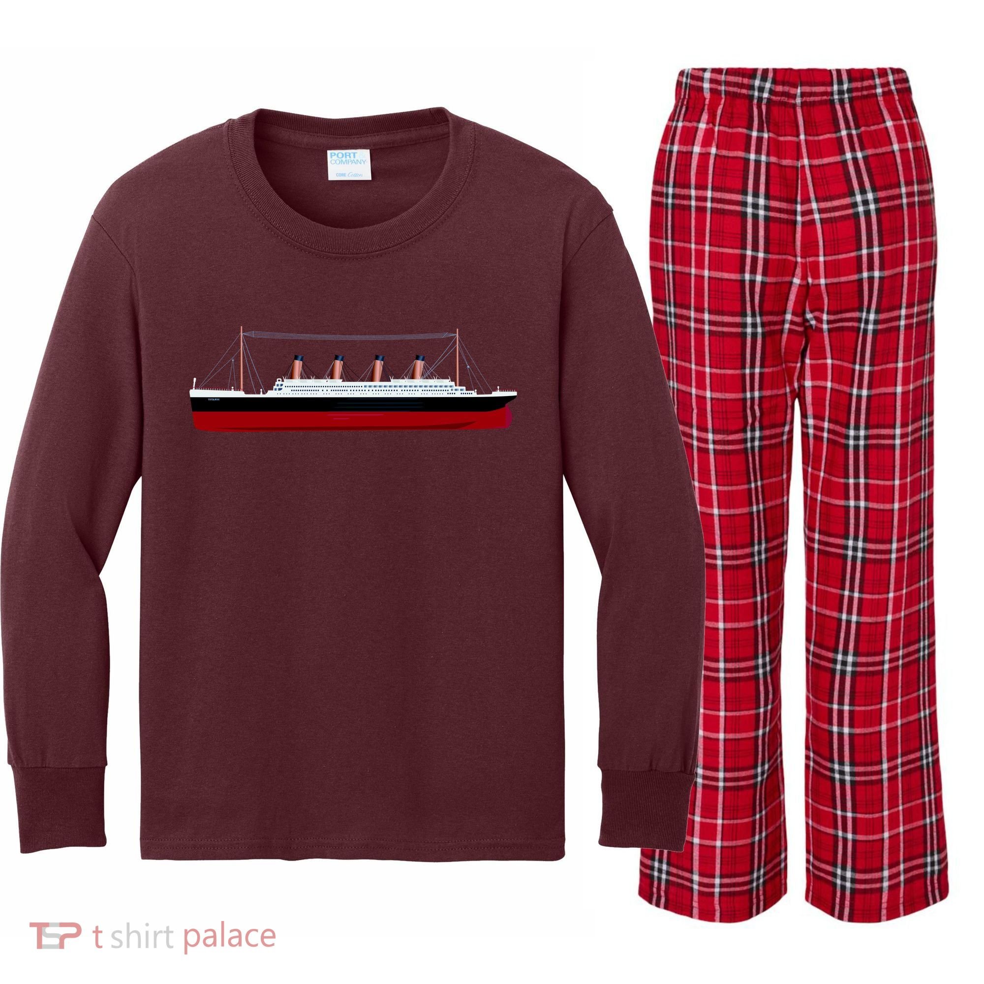Titanic Ship Illustration Kids Long Sleeve Plaid Pajama Set